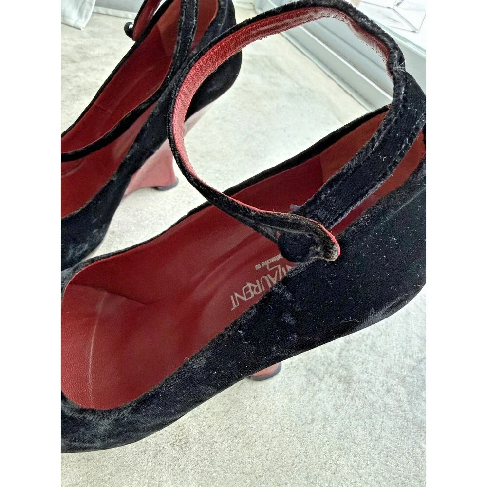 Vintage Yves Saint Laurent Black Velvet Red Sculptural Wedge Heels 38.5 - Picture 2 of 6